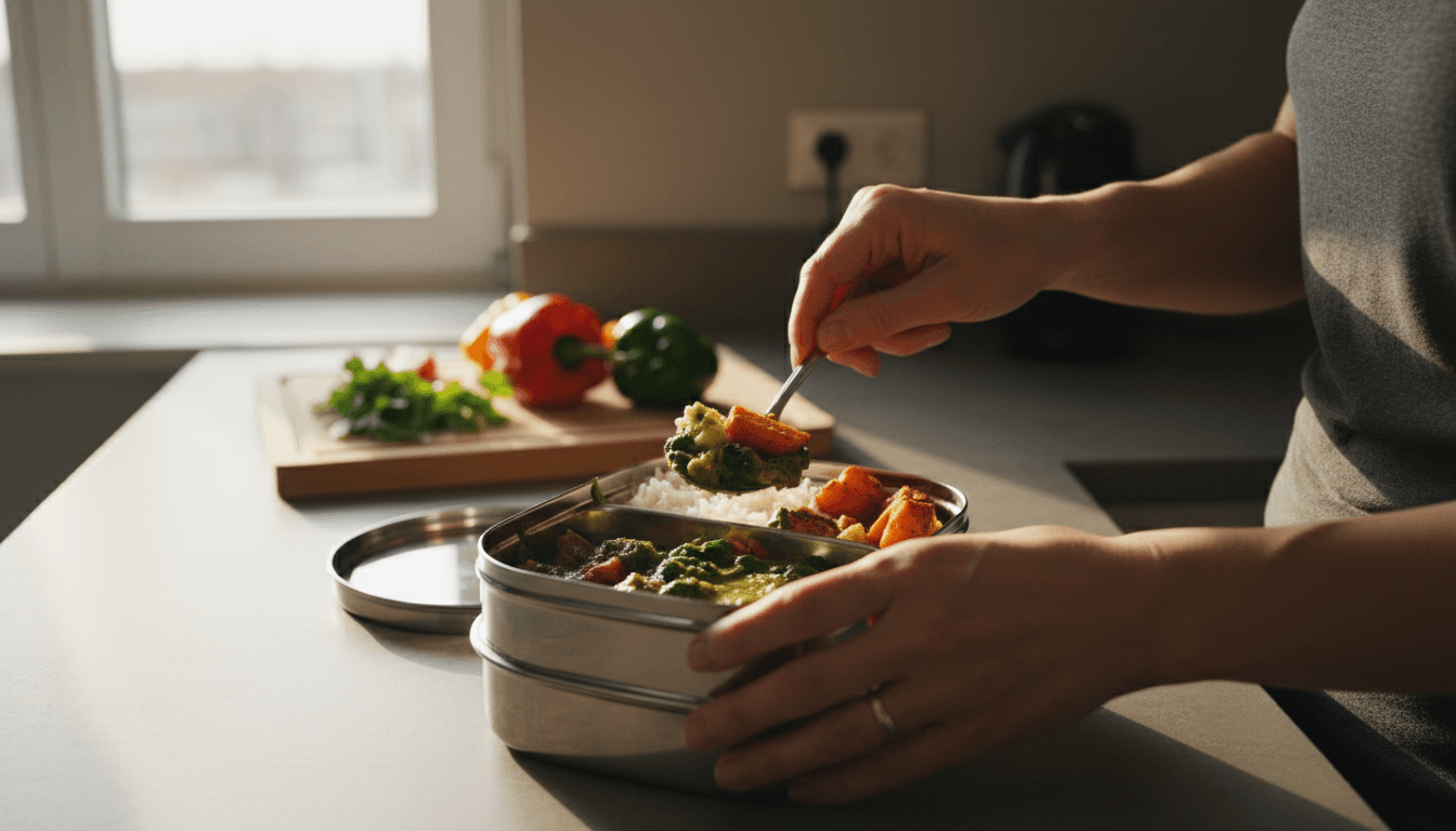 Owner Om Tiwari carefully placing fresh home-cooked meal into a tiffin container