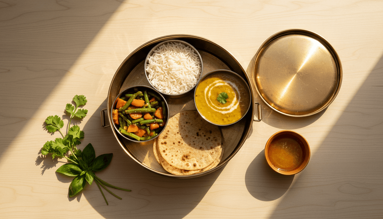 Freshly prepared tiffin meal in traditional metal container with rice, curry, vegetables, and bread
