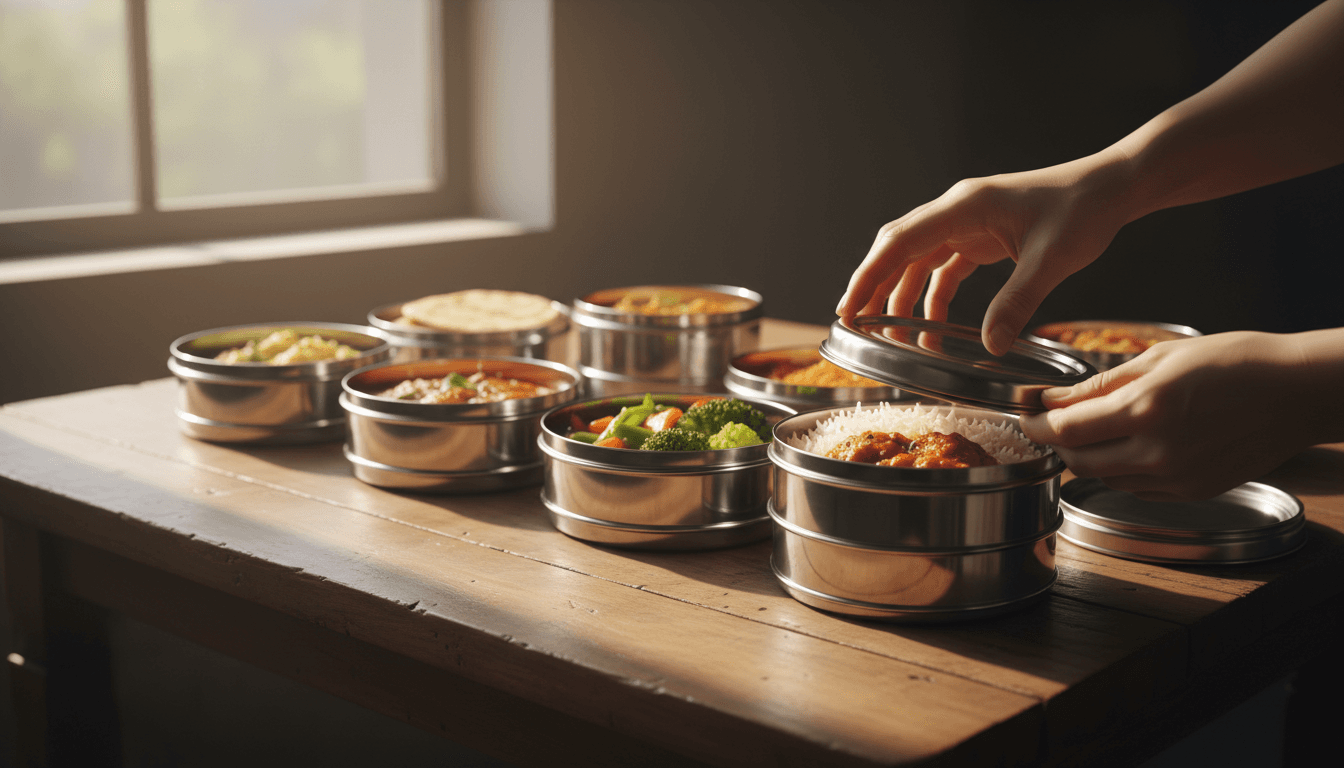 Fresh home-cooked tiffin meals in stainless steel containers prepared with care