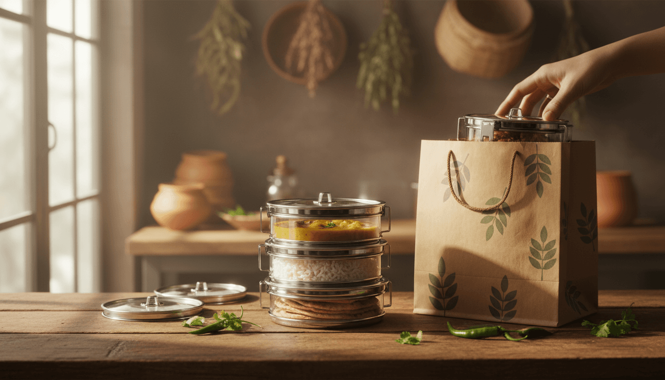 Fresh homemade Indian tiffin meals in containers ready for delivery