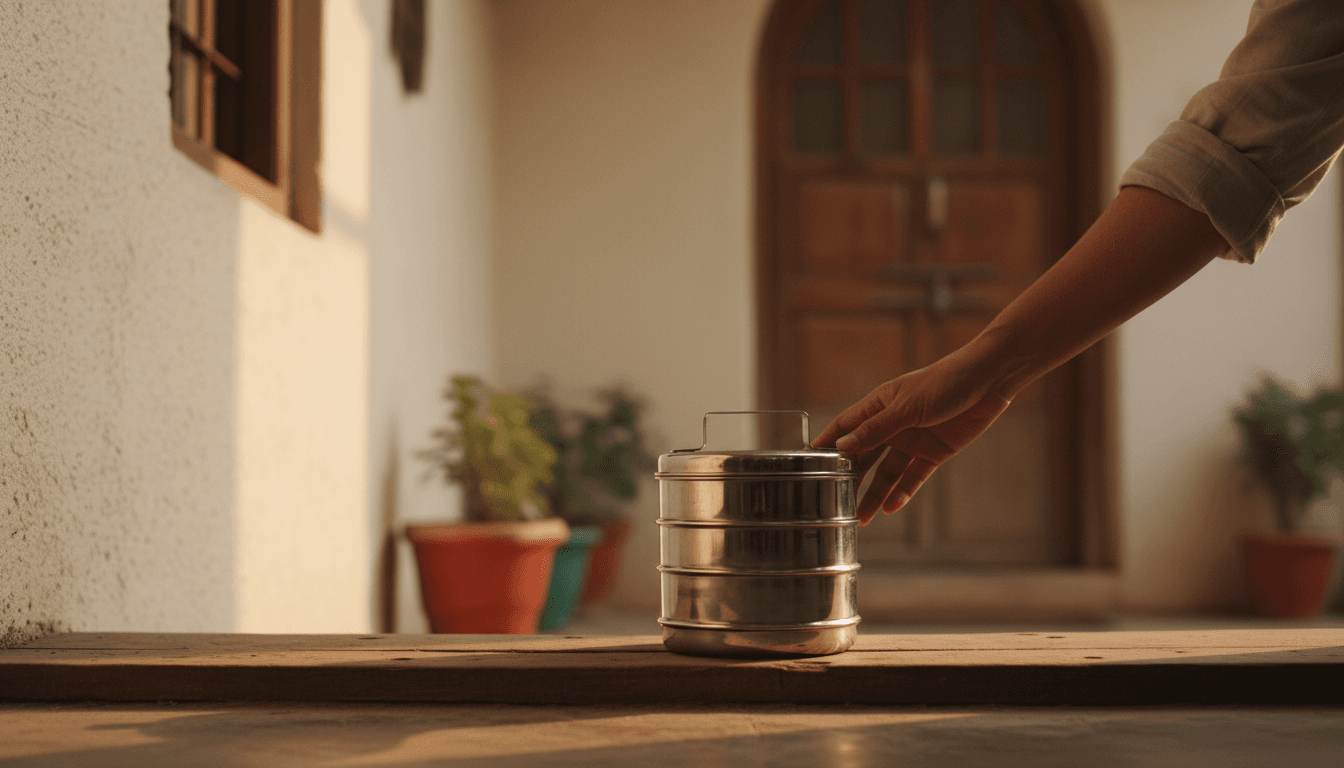 Fresh meal delivery moment with tiffin container being placed at doorstep in morning light