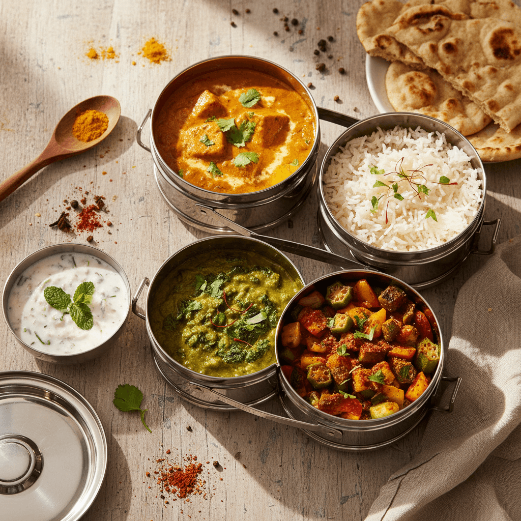 Fresh home-cooked meals prepared daily in stainless steel tiffin containers